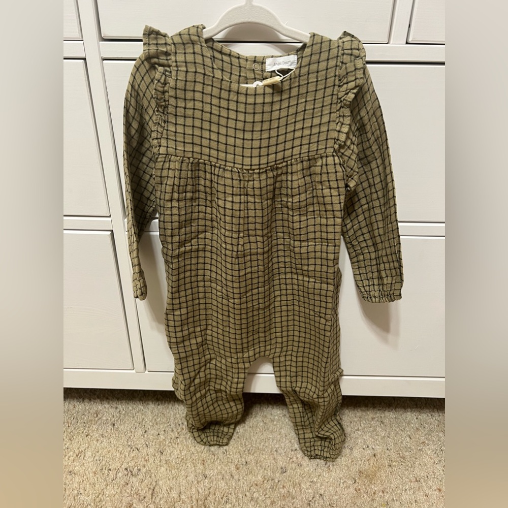 Angel Dear Ruffle Sleeve Romper - Grid Gingham Green